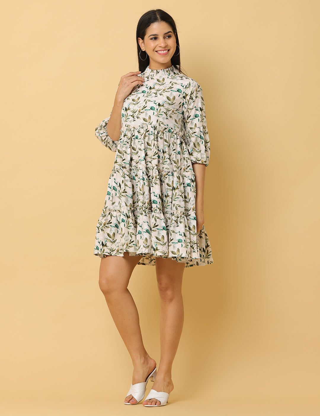Women Green Printed Polyester Dress