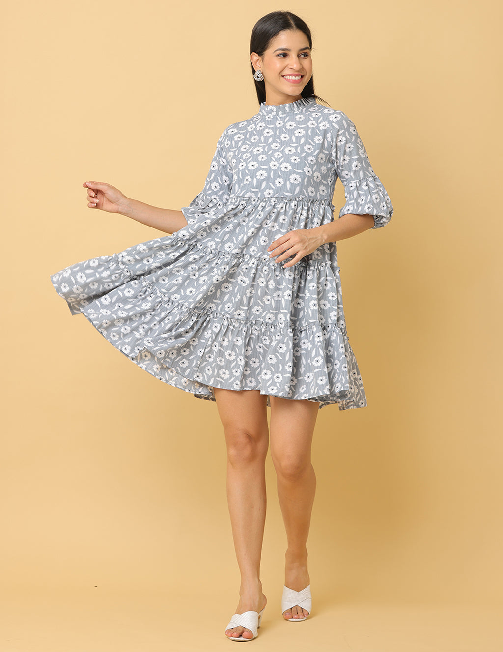 Women Grey Printed Polyester Dress