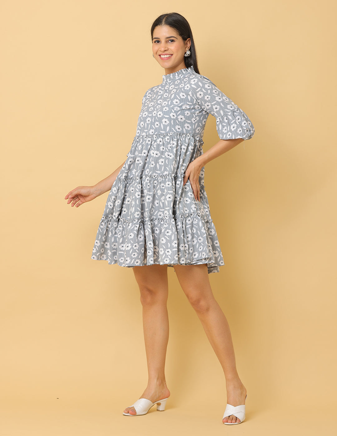 Women Grey Printed Polyester Dress