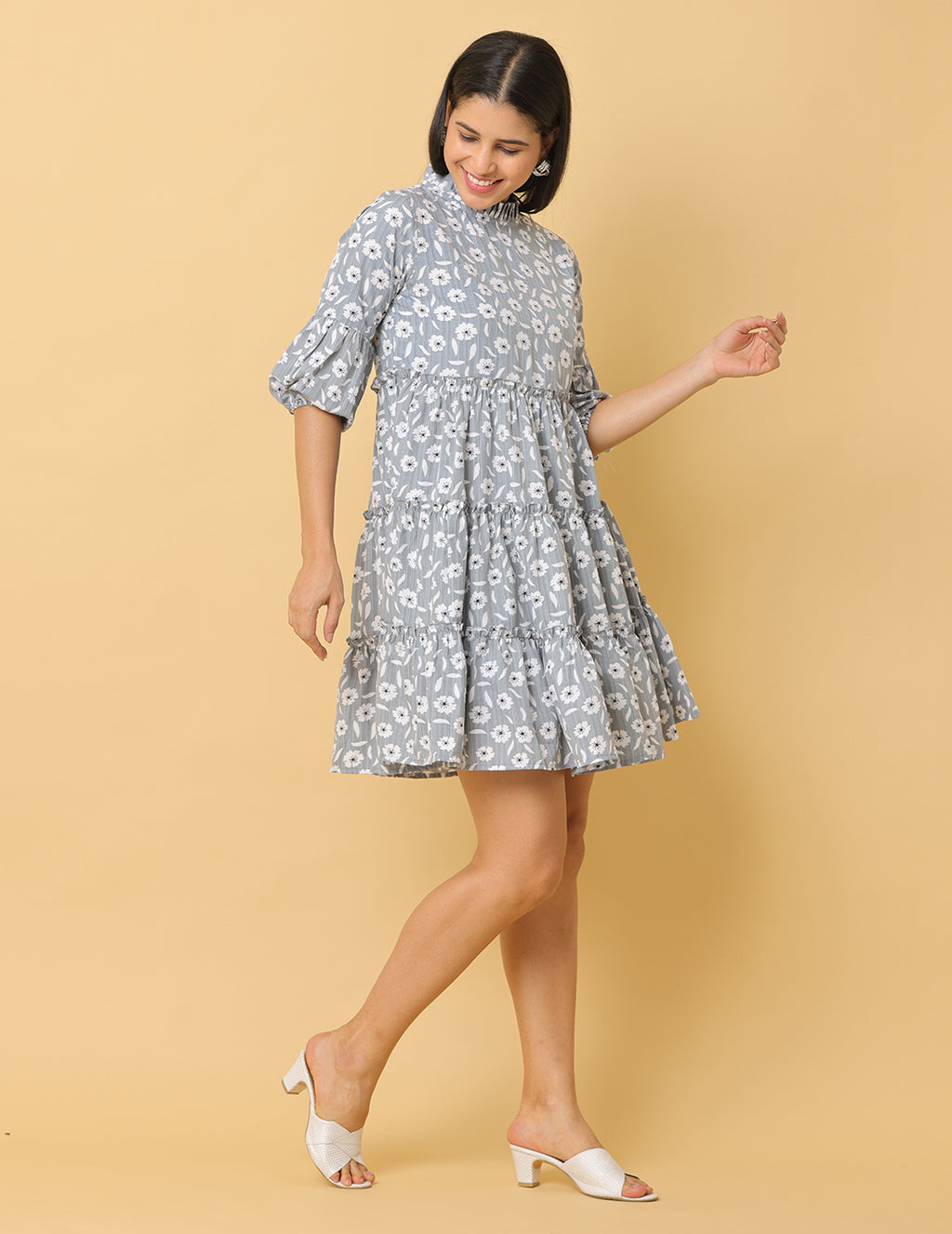 Women Grey Printed Polyester Dress