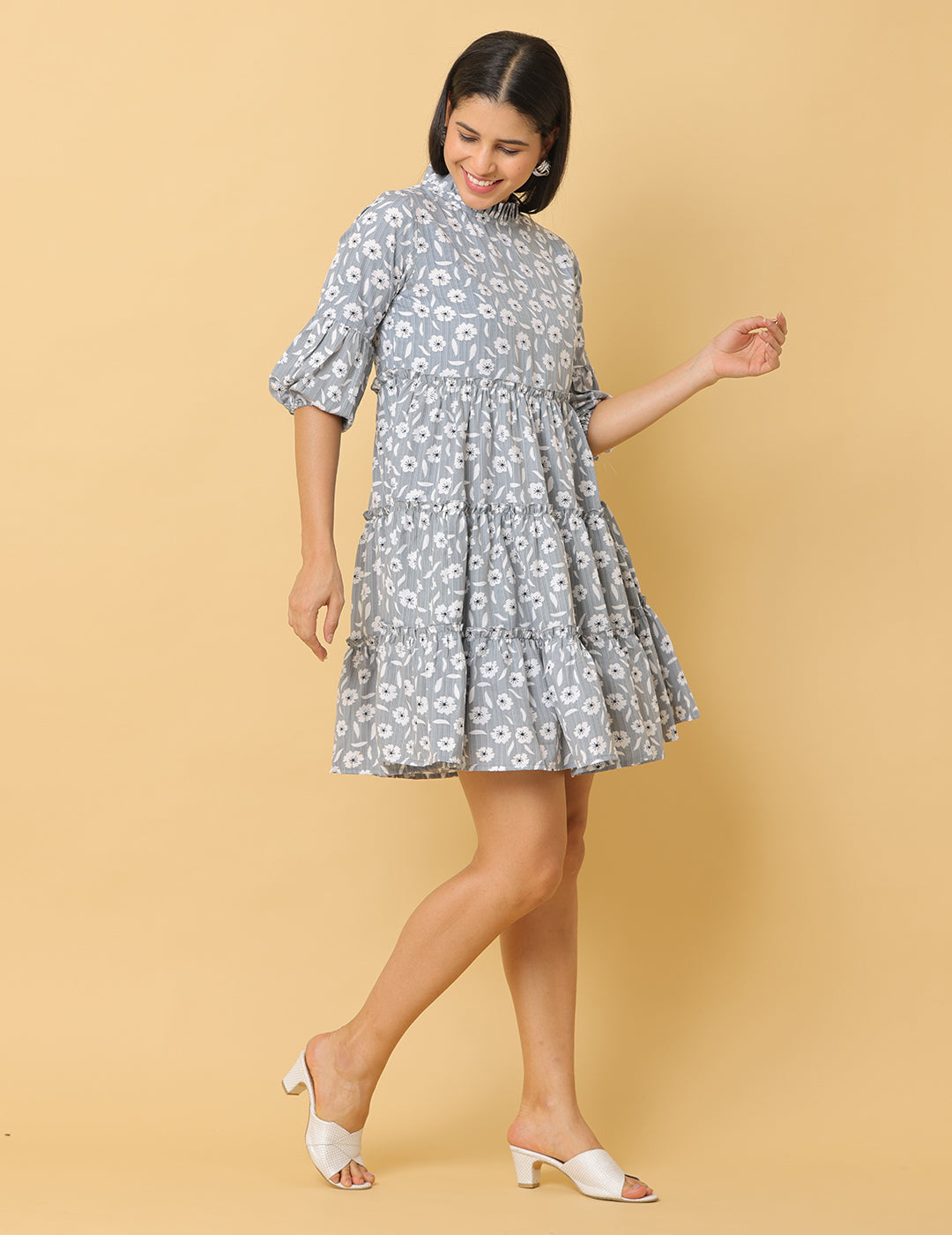 Women Grey Printed Polyester Dress