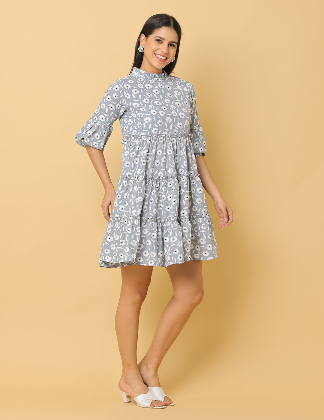 Women Grey Printed Polyester Dress