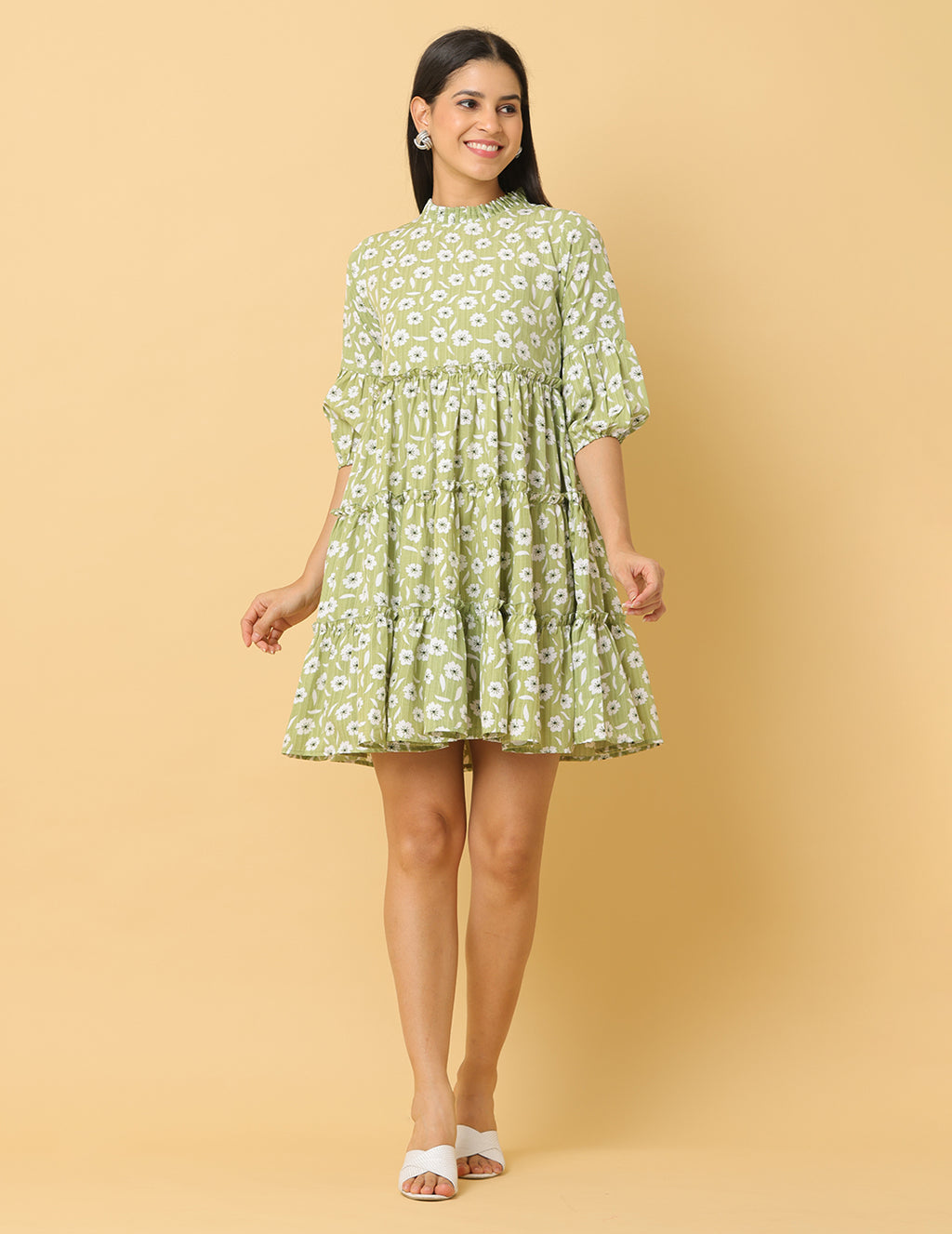 Women Green Printed Polyester Dress