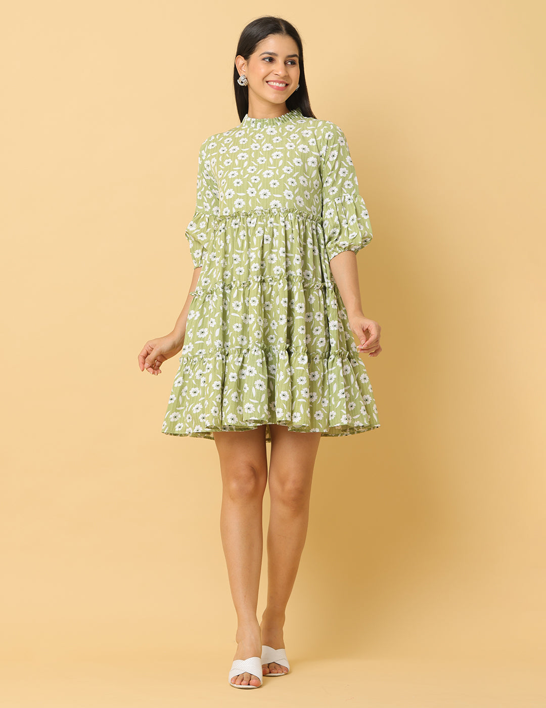 Women Green Printed Polyester Dress