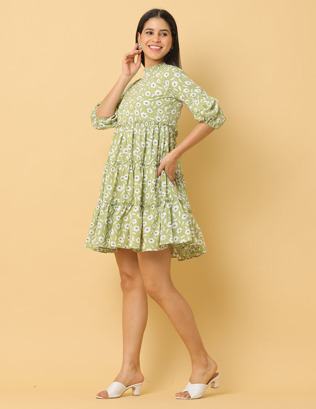Women Green Printed Polyester Dress