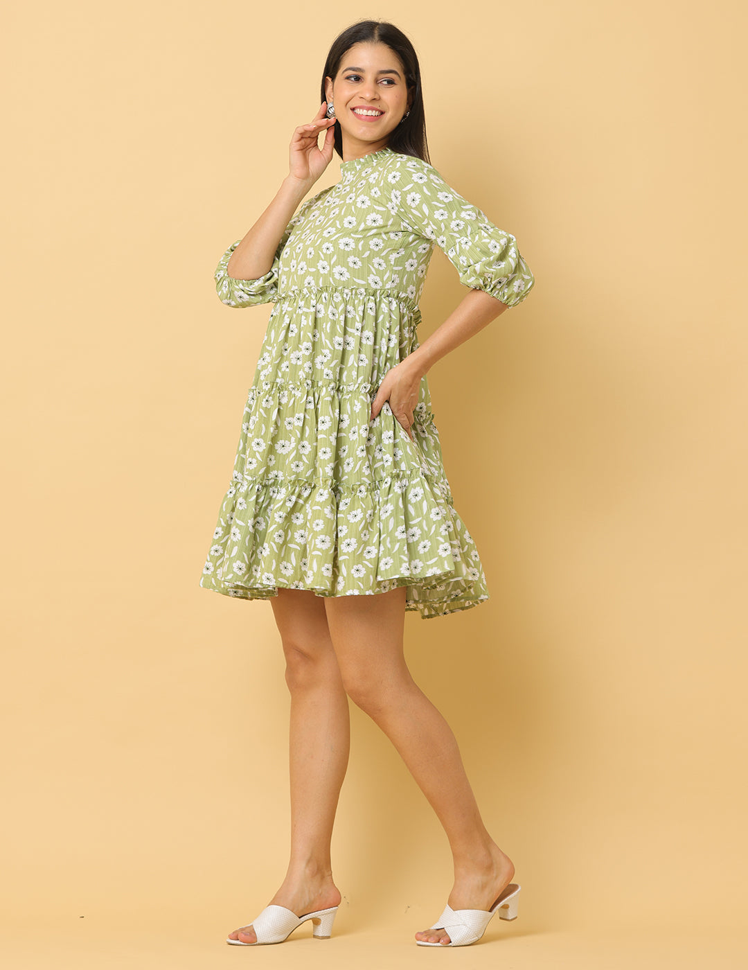 Women Green Printed Polyester Dress