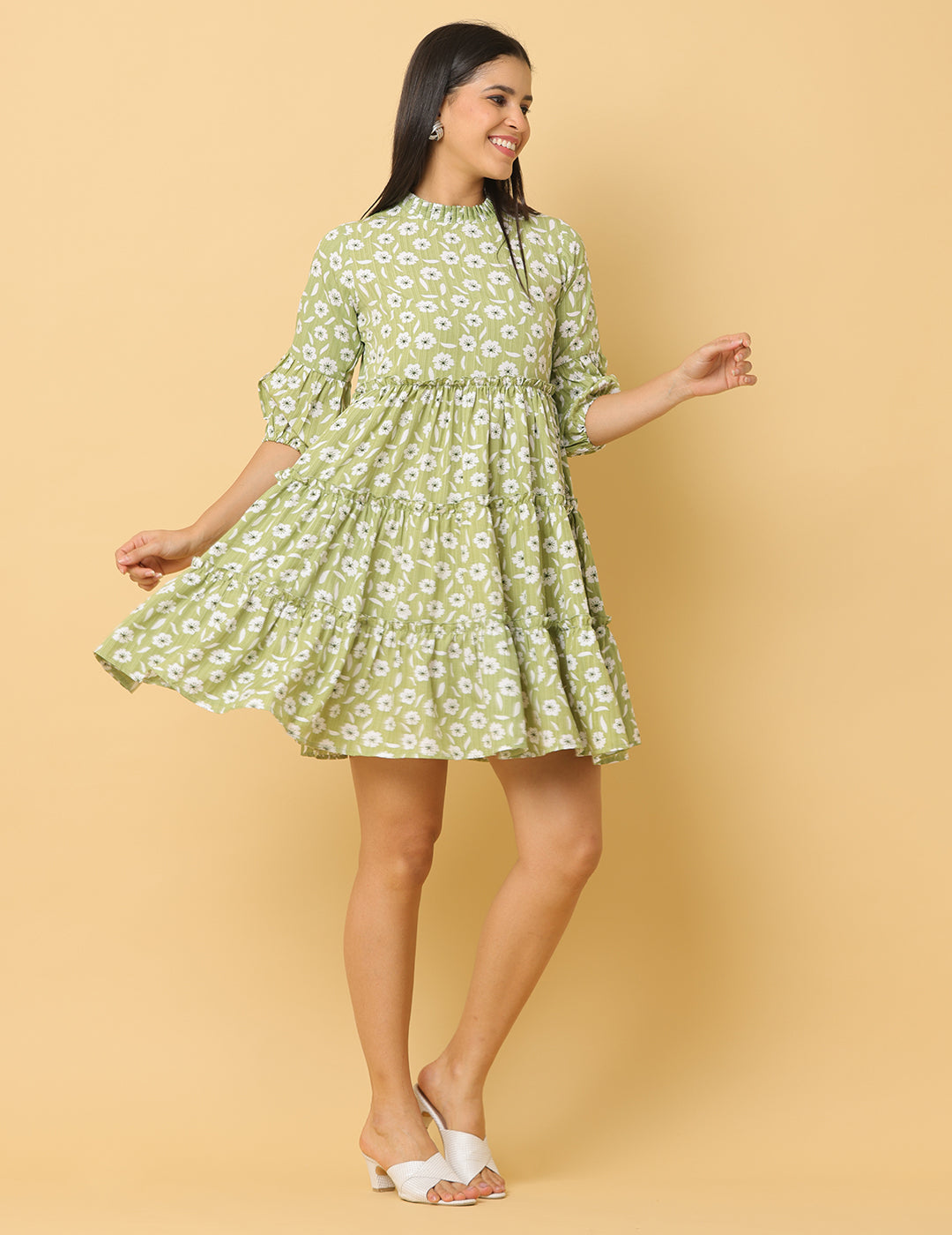 Women Green Printed Polyester Dress