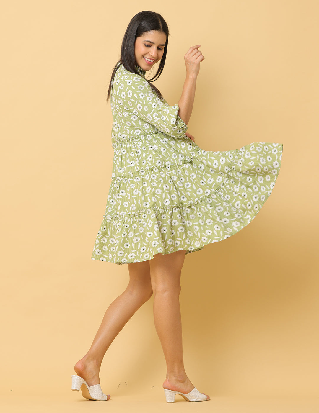 Women Green Printed Polyester Dress