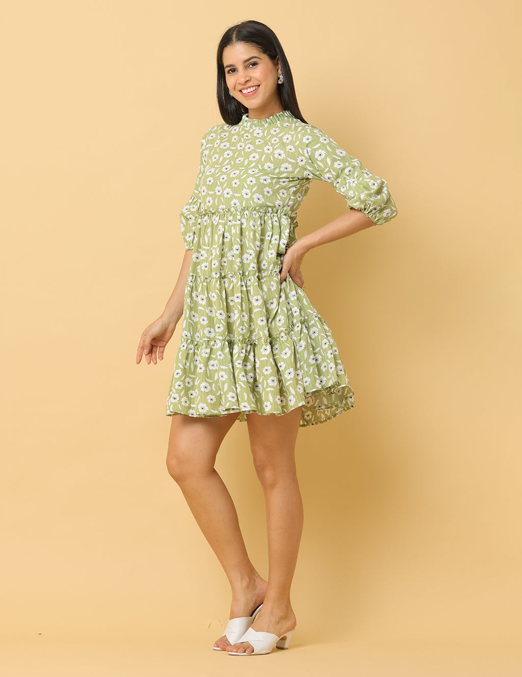 Women Green Printed Polyester Dress