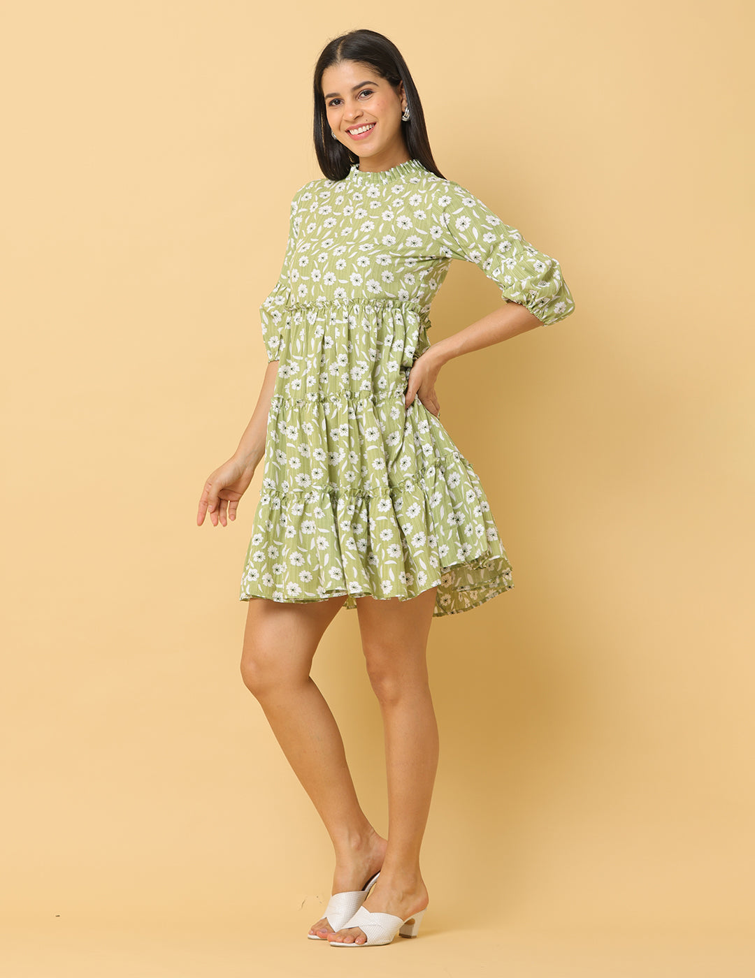 Women Green Printed Polyester Dress
