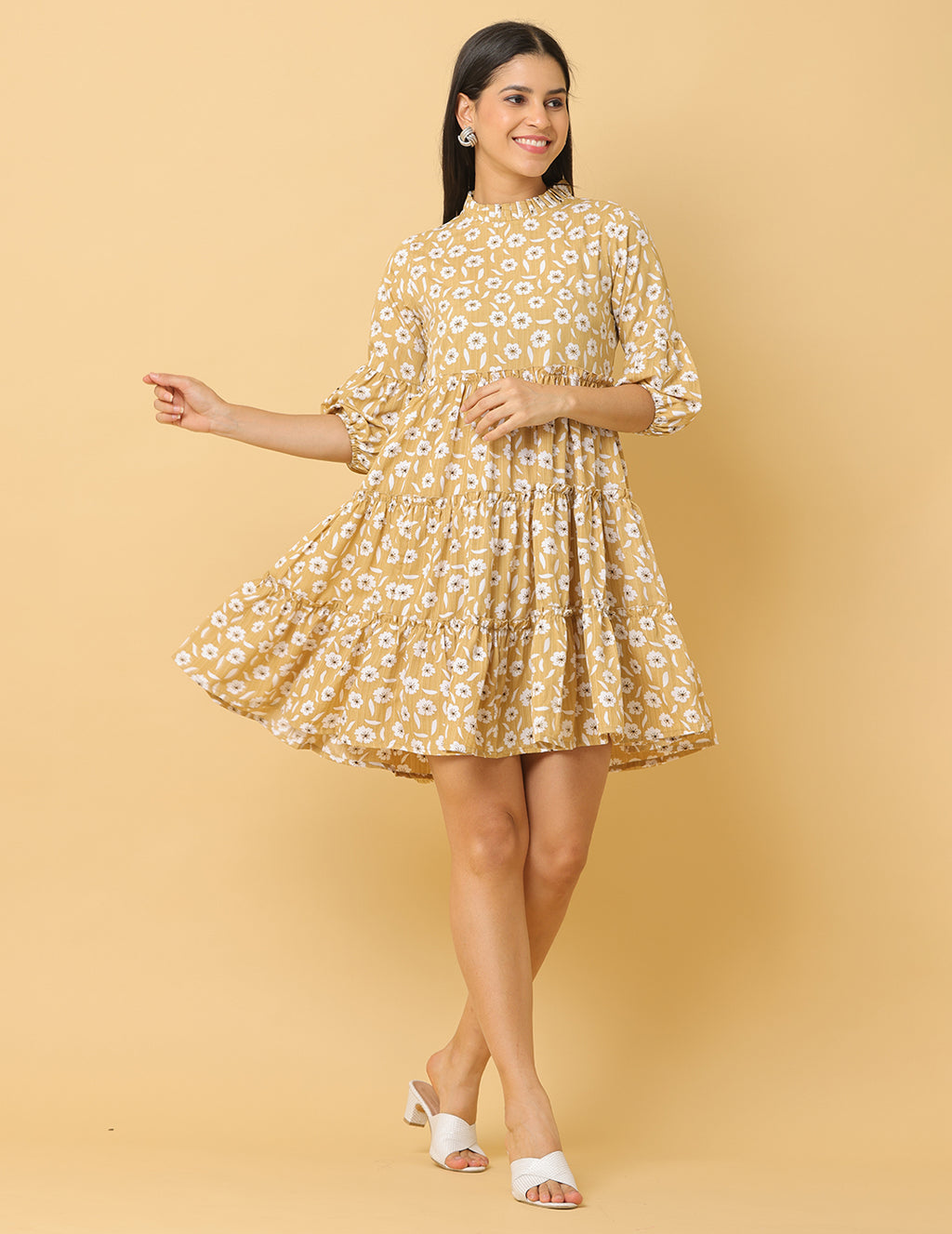 Women Beige Printed Polyester Dress