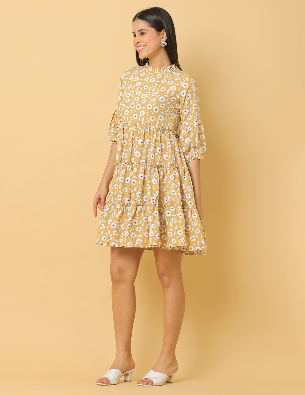Women Beige Printed Polyester Dress