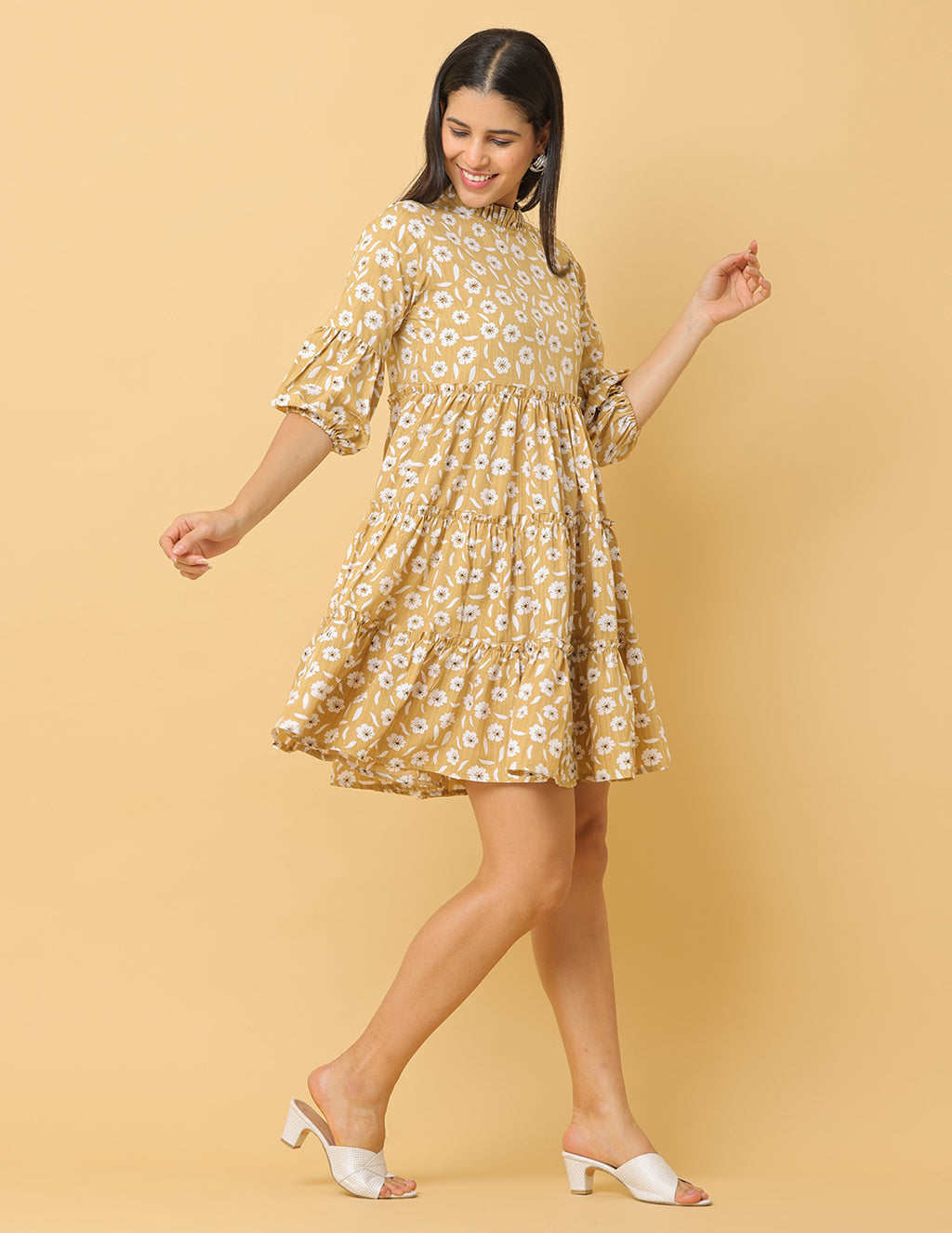 Women Beige Printed Polyester Dress