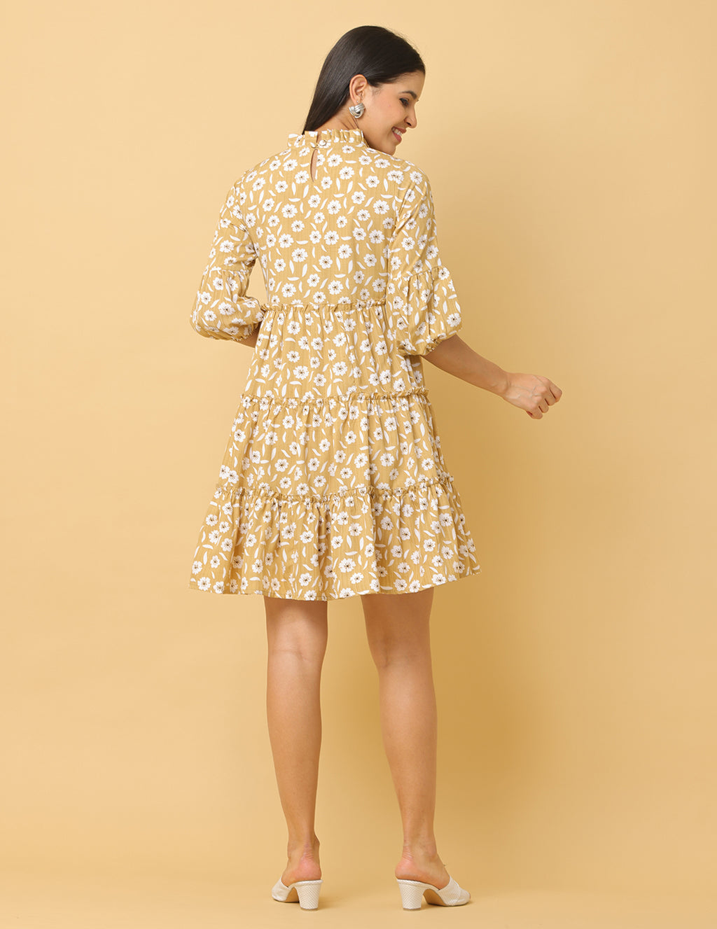 Women Beige Printed Polyester Dress