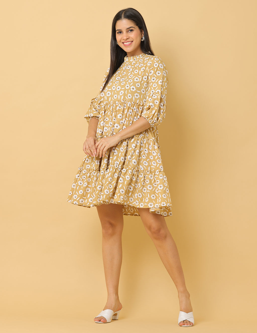Women Beige Printed Polyester Dress
