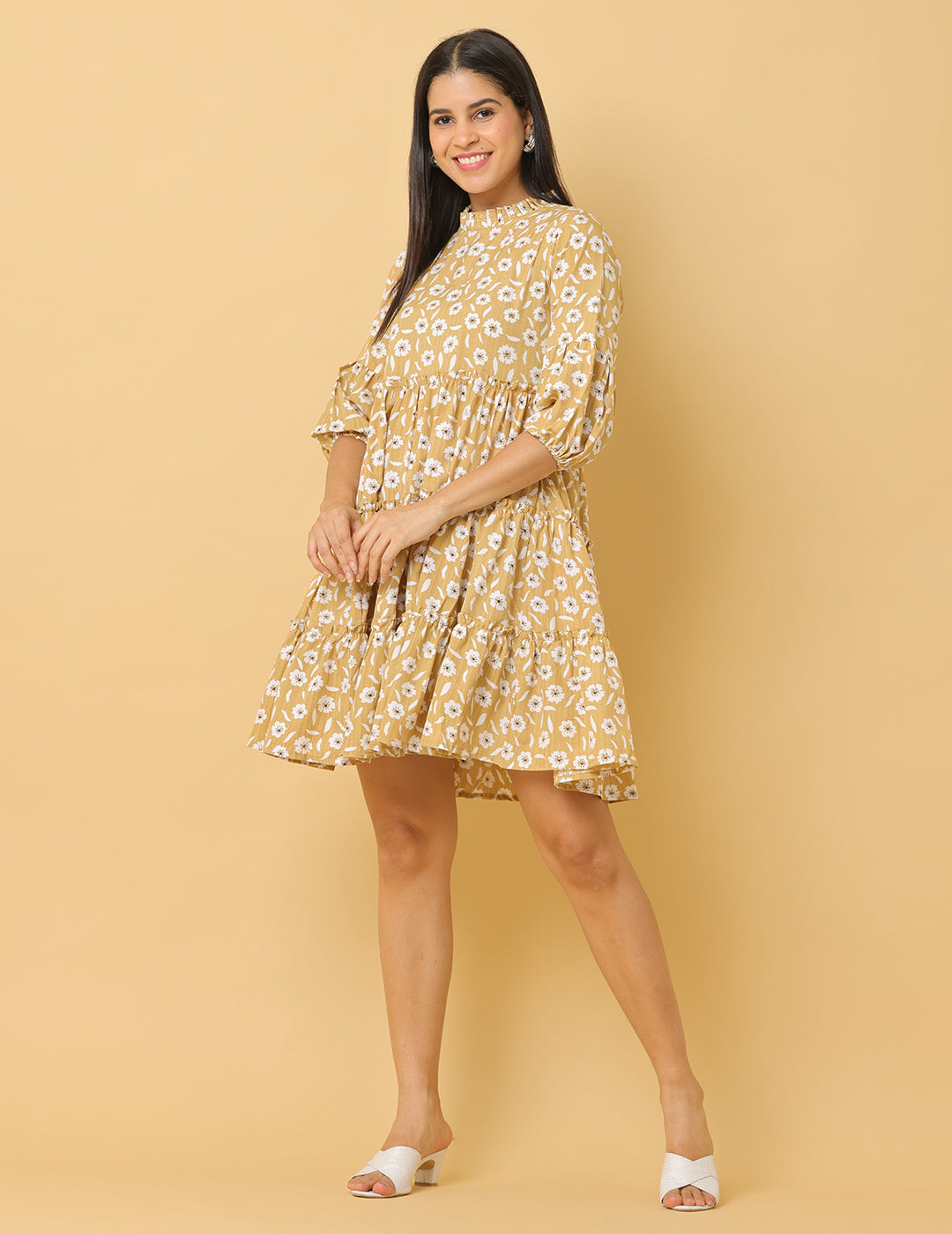 Women Beige Printed Polyester Dress