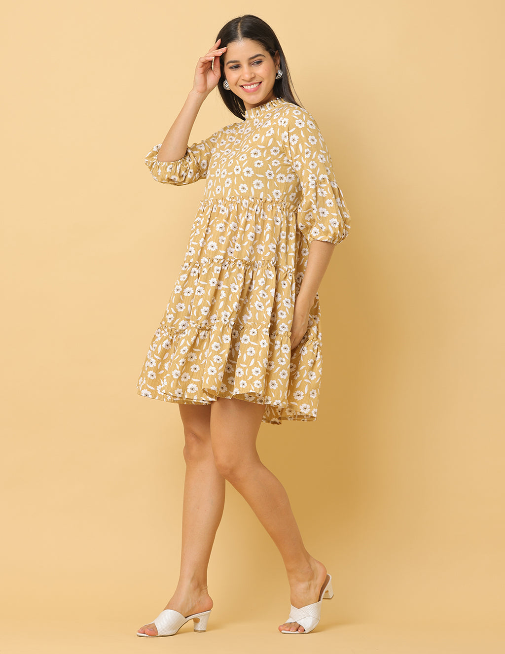 Women Beige Printed Polyester Dress