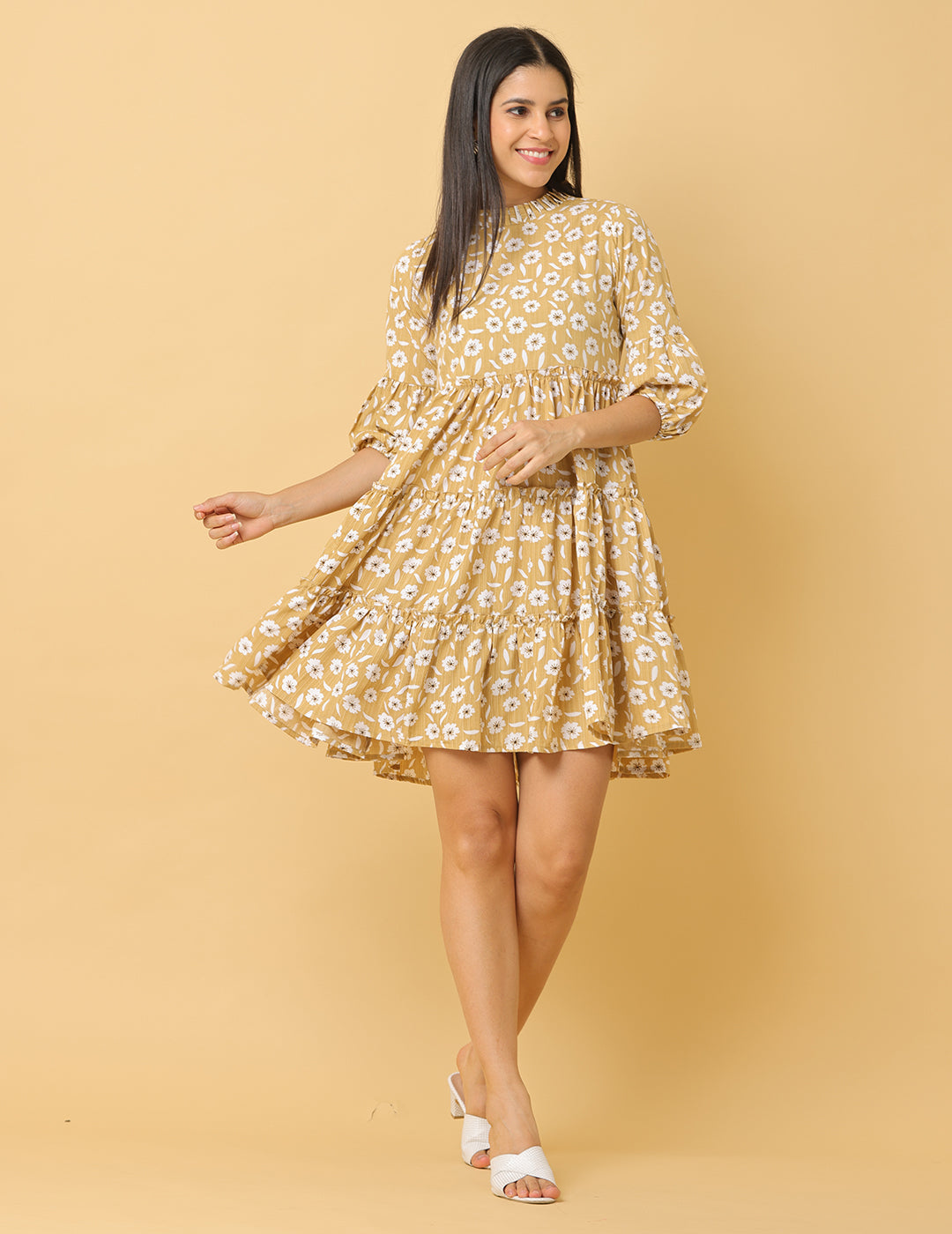 Women Beige Printed Polyester Dress