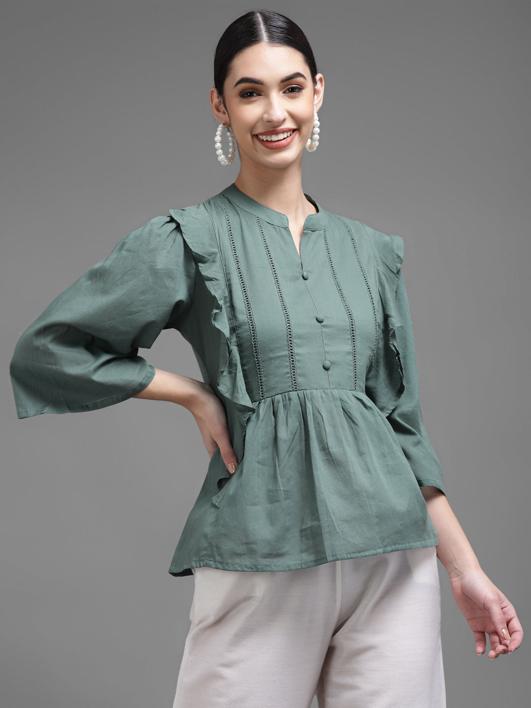 Women Green Plain Cotton Tunics