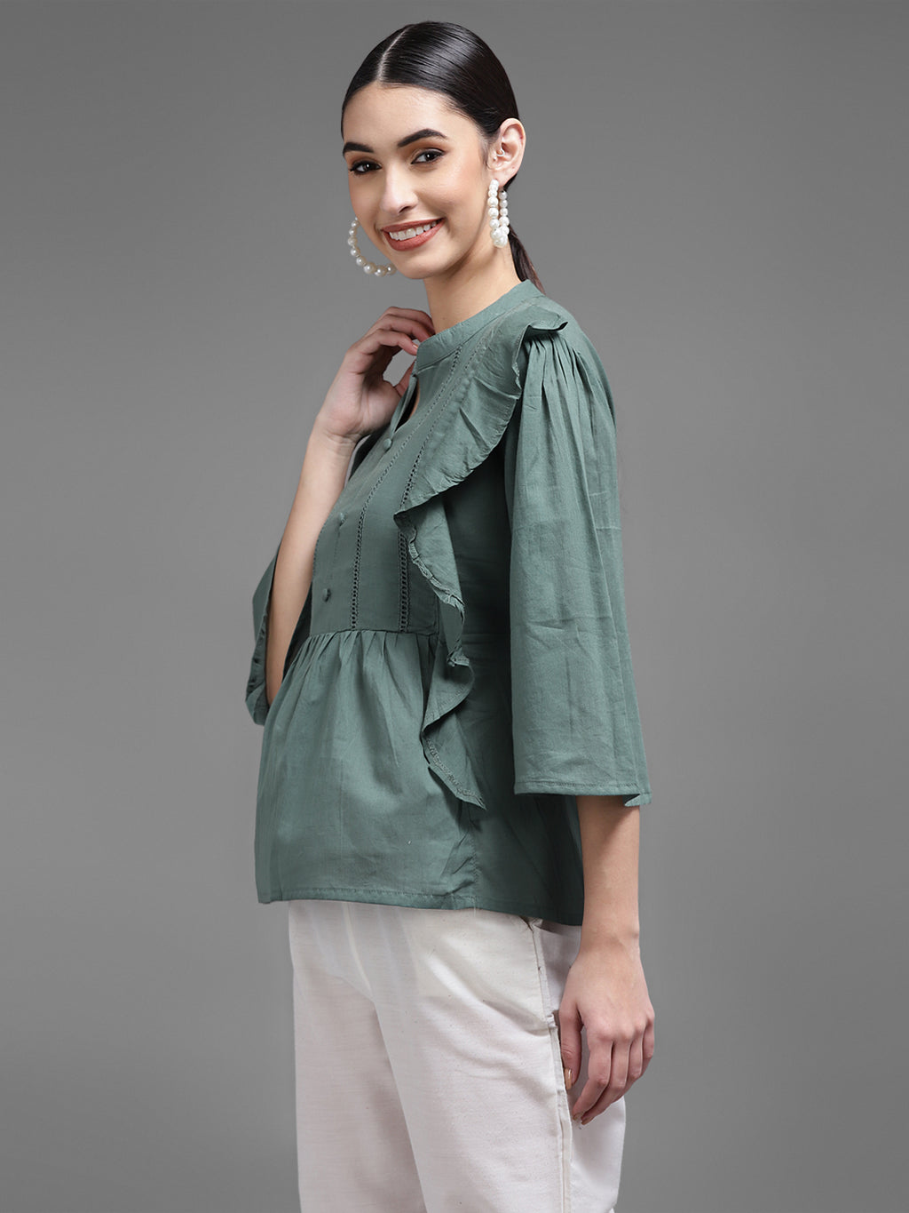 Women Green Plain Cotton Tunics