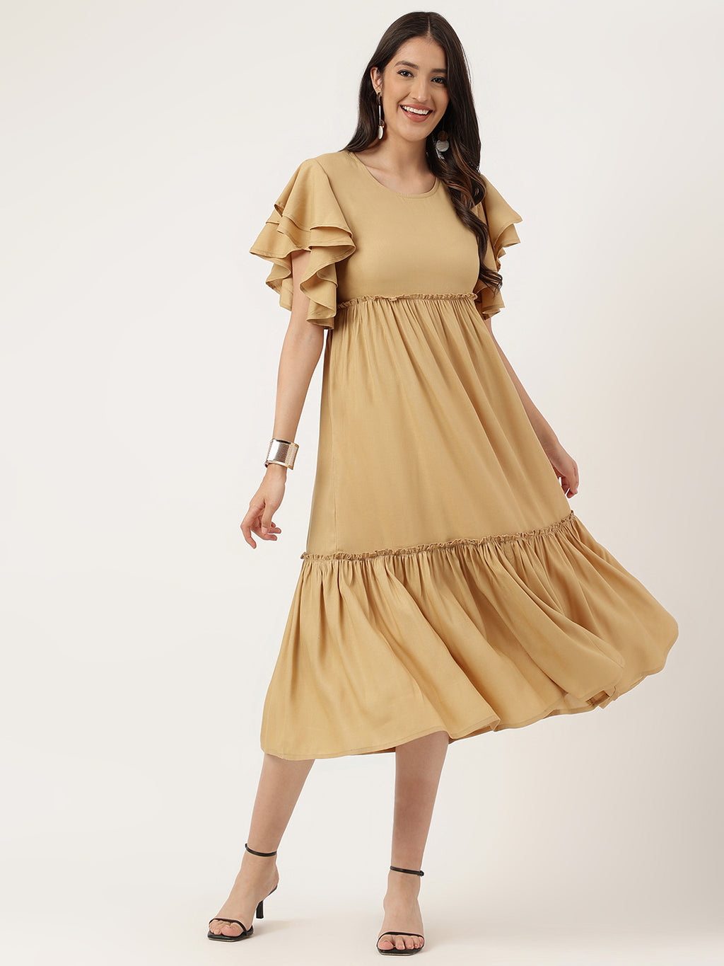 Women Beige Plain Rayon Dress