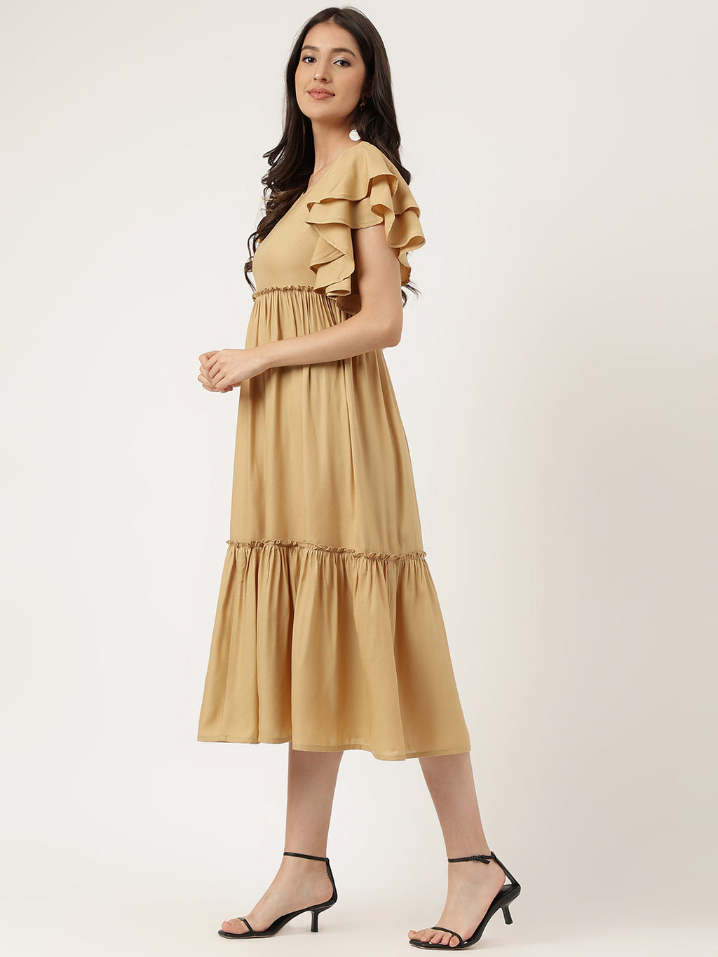Women Beige Plain Rayon Dress