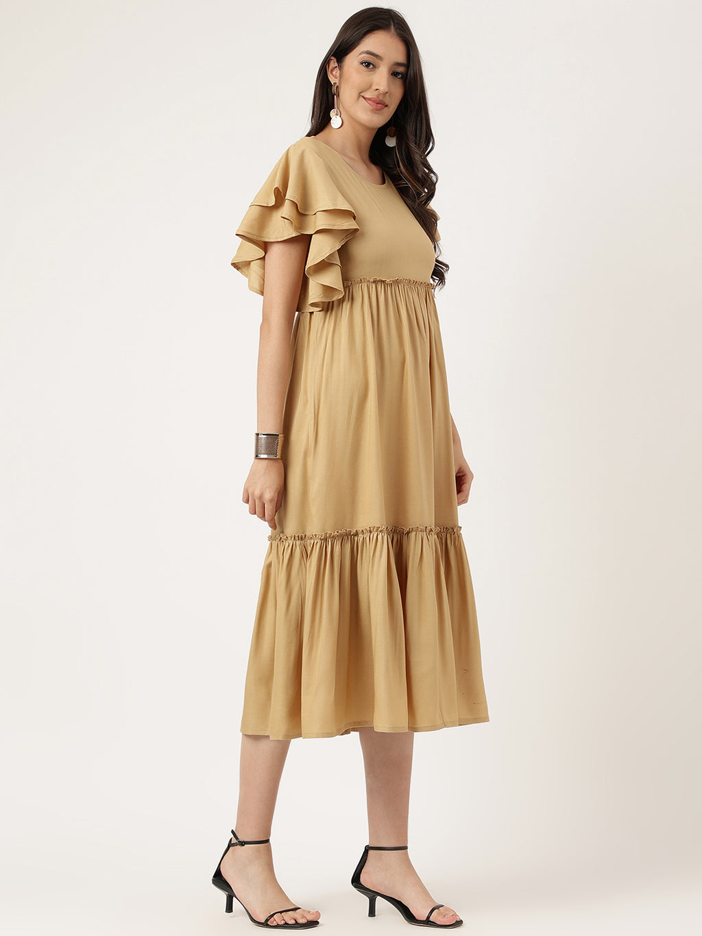 Women Beige Plain Rayon Dress