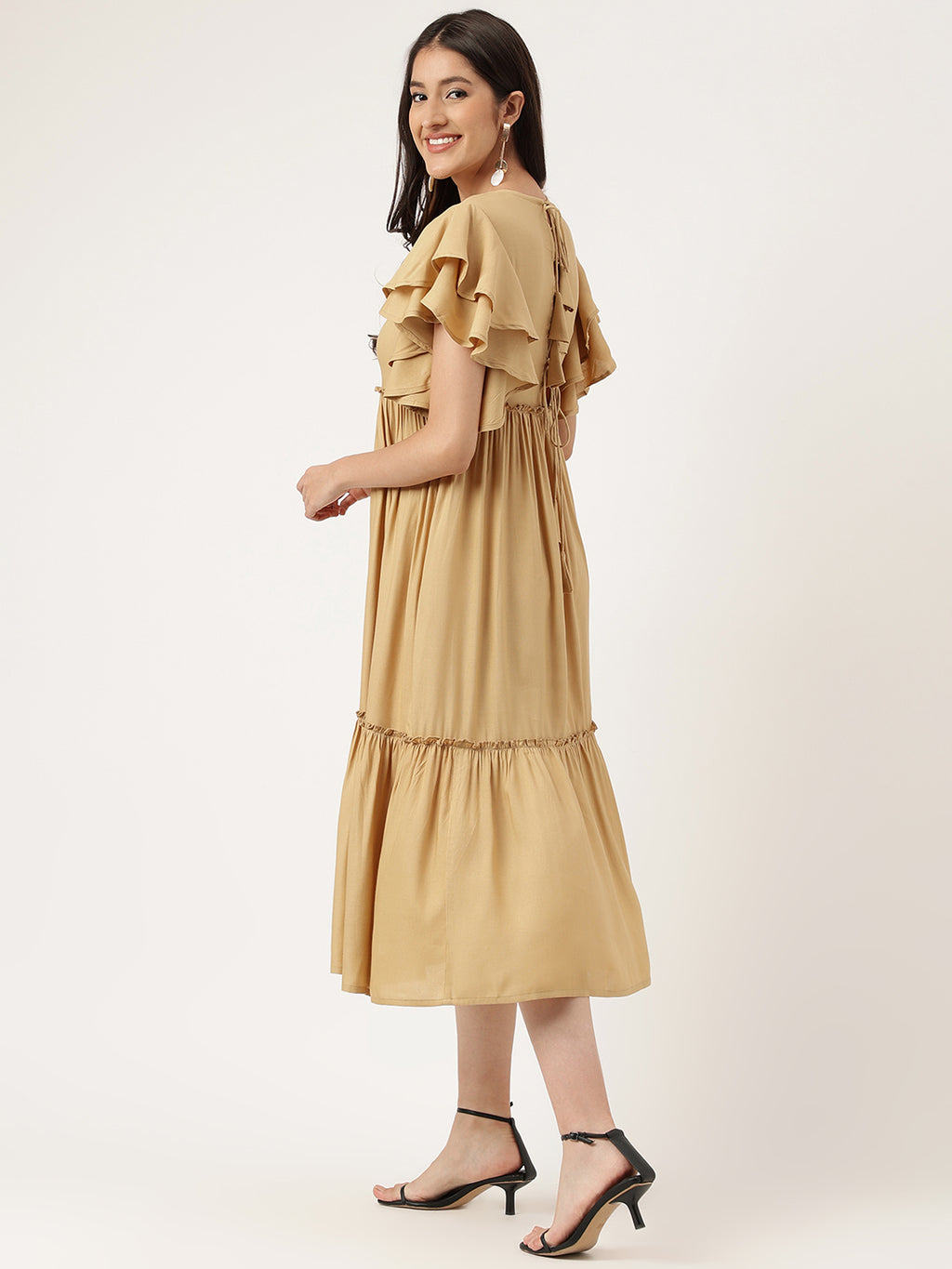 Women Beige Plain Rayon Dress