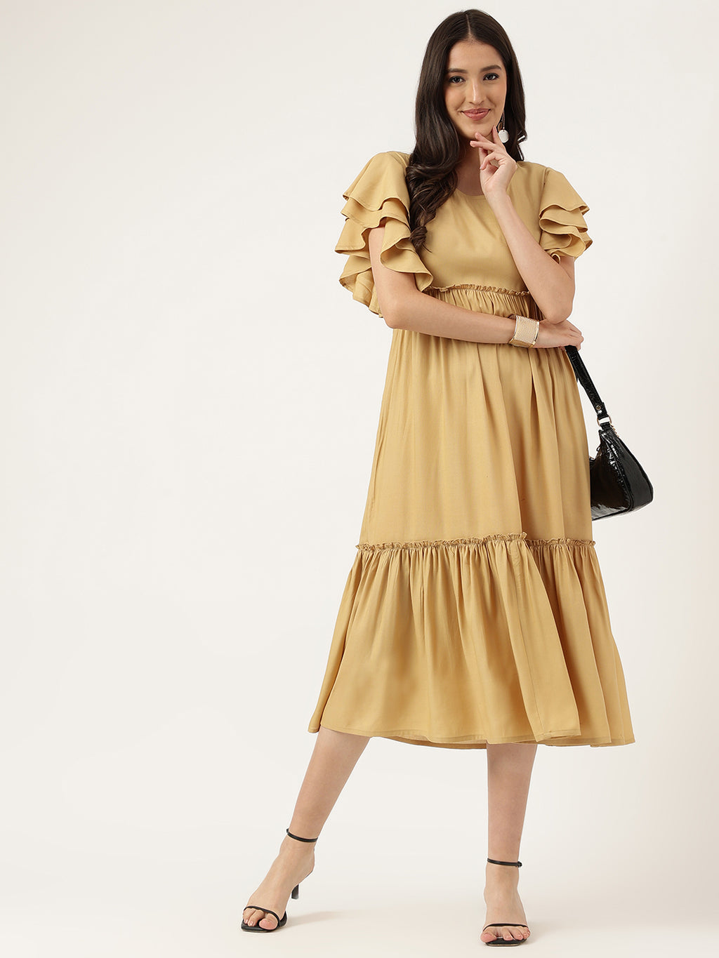 Women Beige Plain Rayon Dress