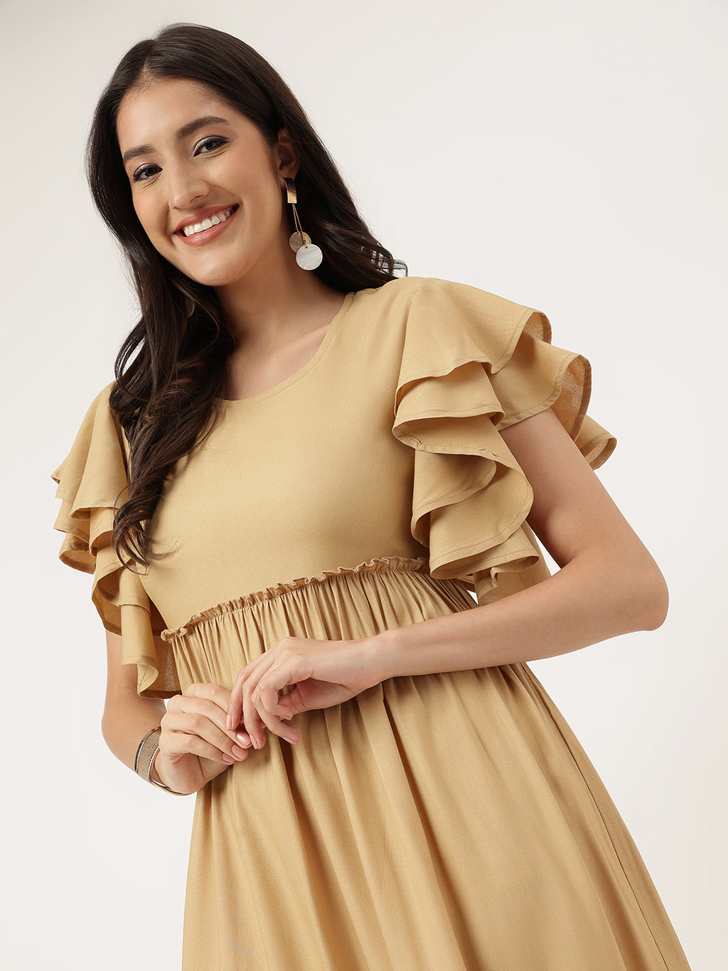 Women Beige Plain Rayon Dress