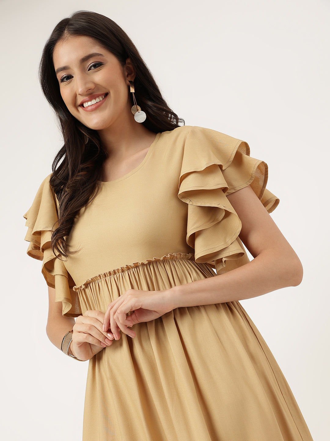 Women Beige Plain Rayon Dress