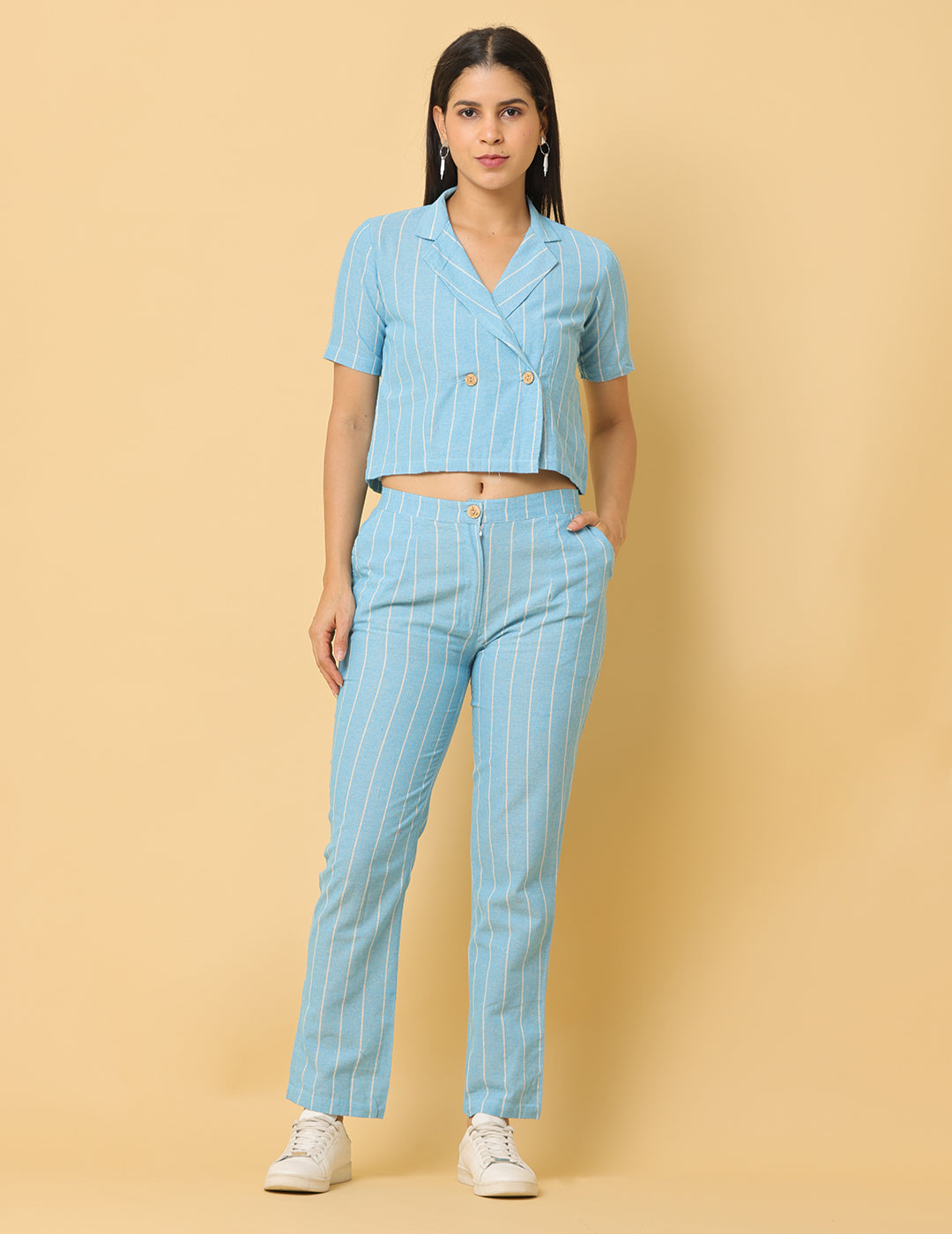 Women Sky Blue Plain Cotton Coord Set