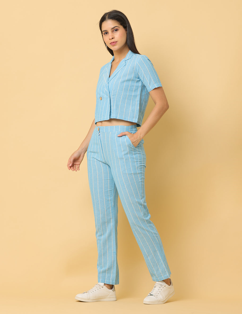 Women Sky Blue Plain Cotton Coord Set