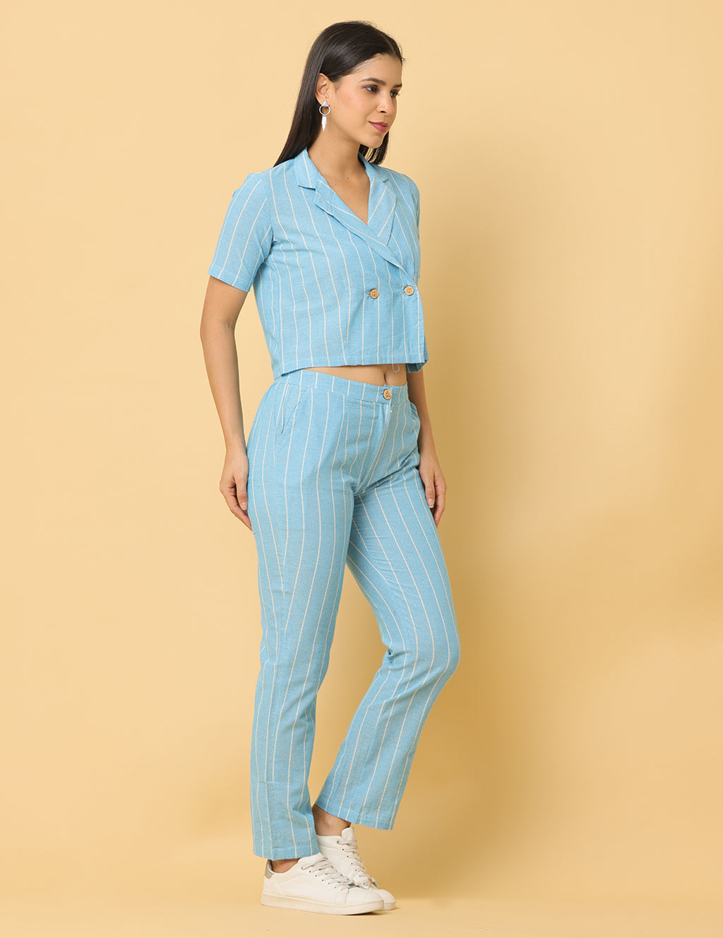 Women Sky Blue Plain Cotton Coord Set