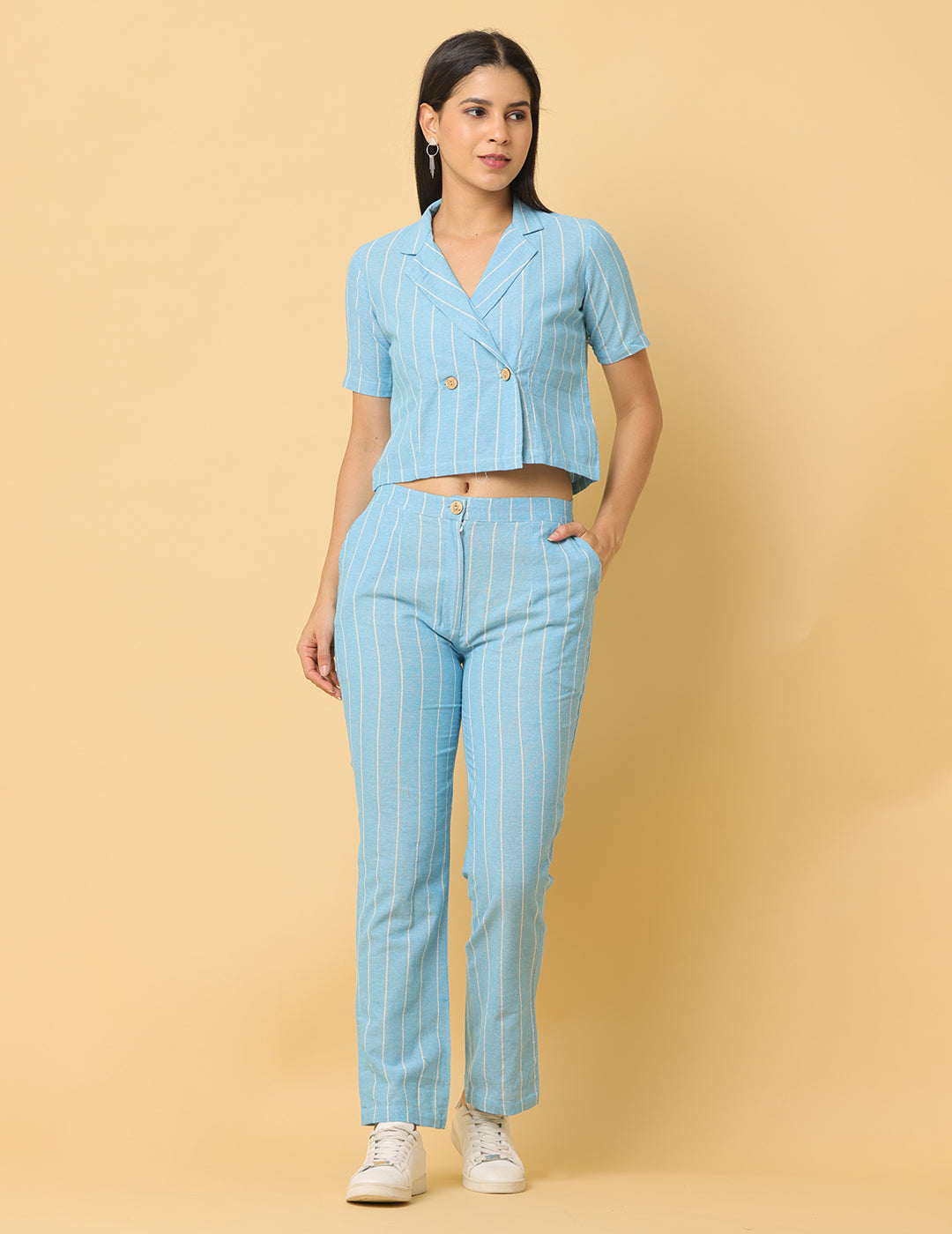 Women Sky Blue Plain Cotton Coord Set
