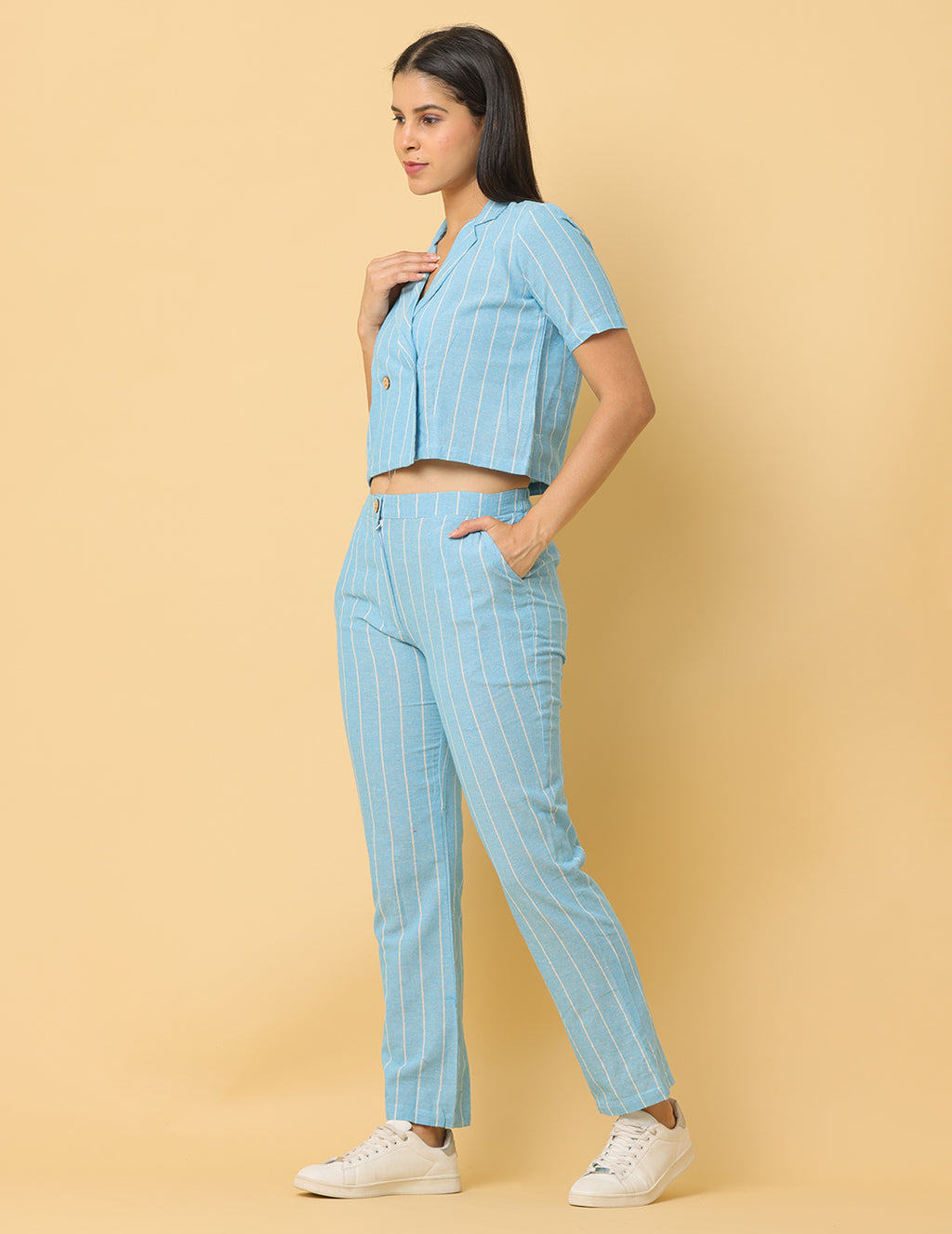 Women Sky Blue Plain Cotton Coord Set