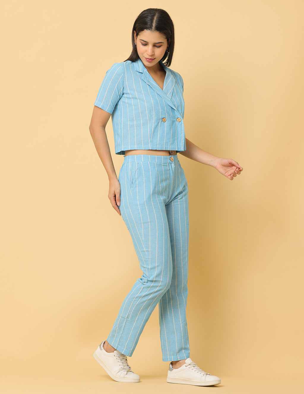 Women Sky Blue Plain Cotton Coord Set