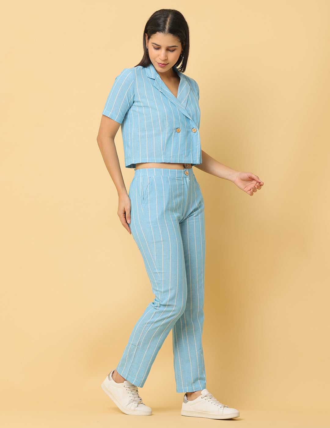 Women Sky Blue Plain Cotton Coord Set
