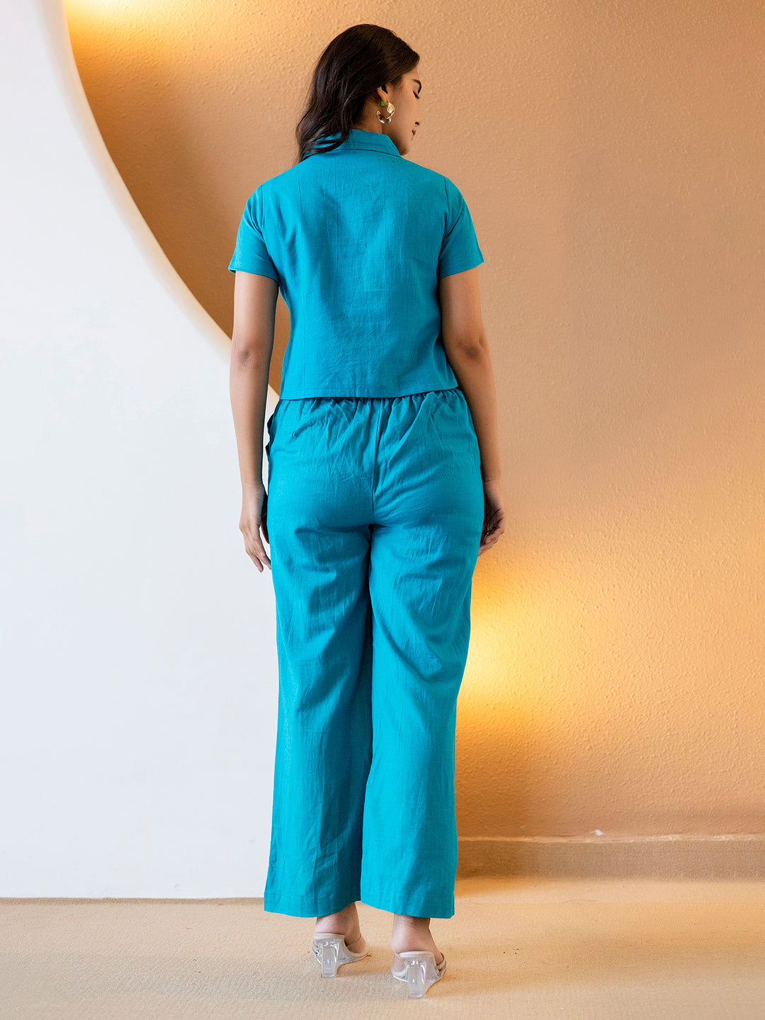 Women Turquise Blue Plain Cotton Flex Co-Ords Set