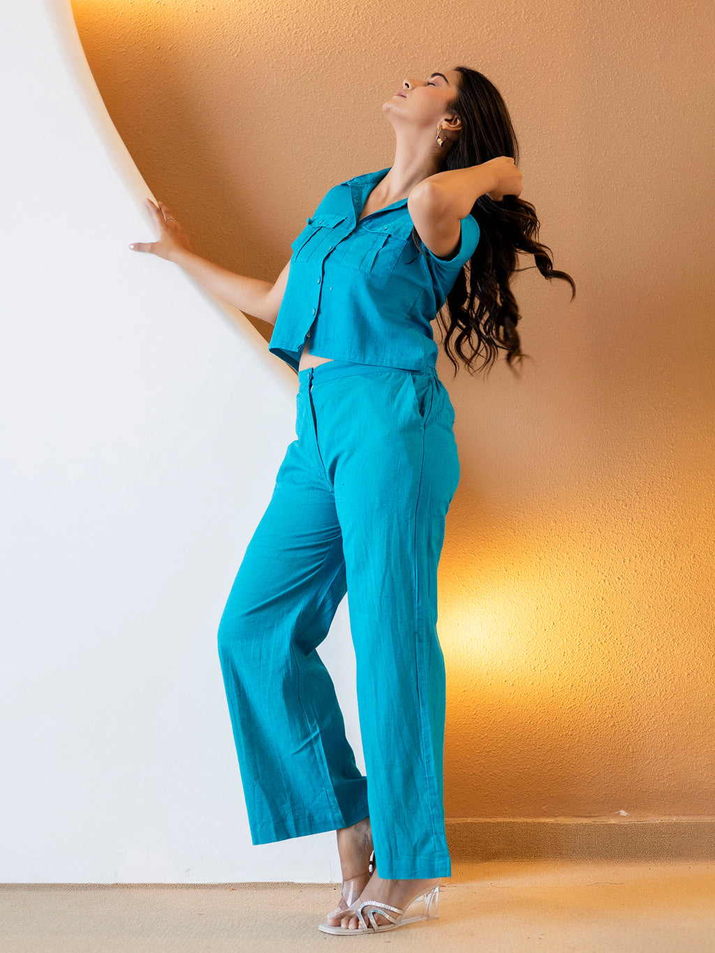 Women Turquise Blue Plain Cotton Flex Co-Ords Set