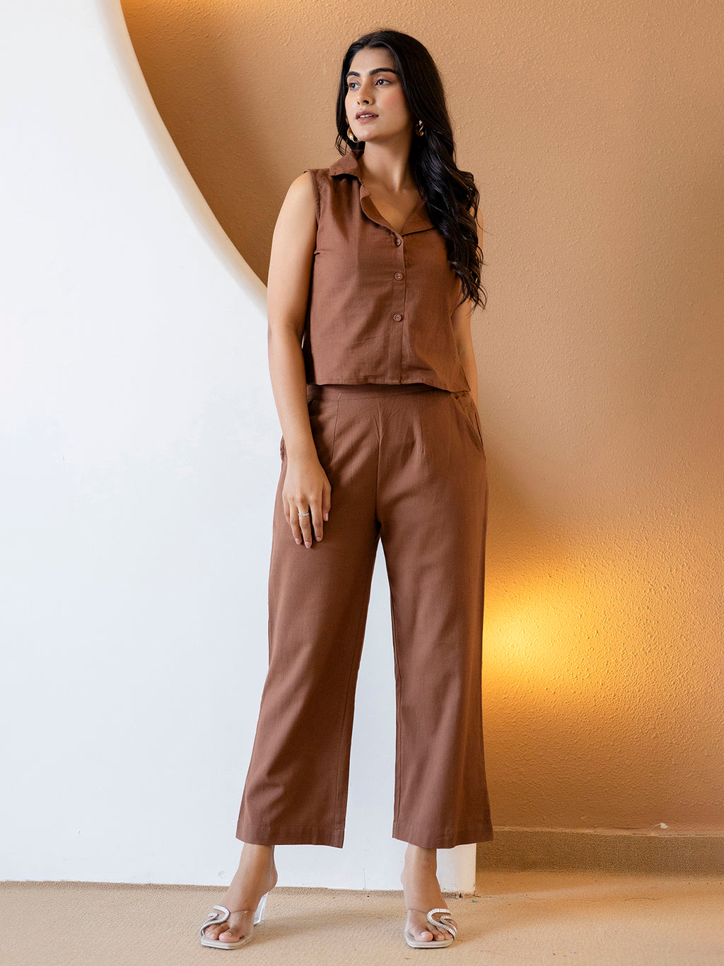 Women Brown Plain Cotton Flex Co-Ords Set