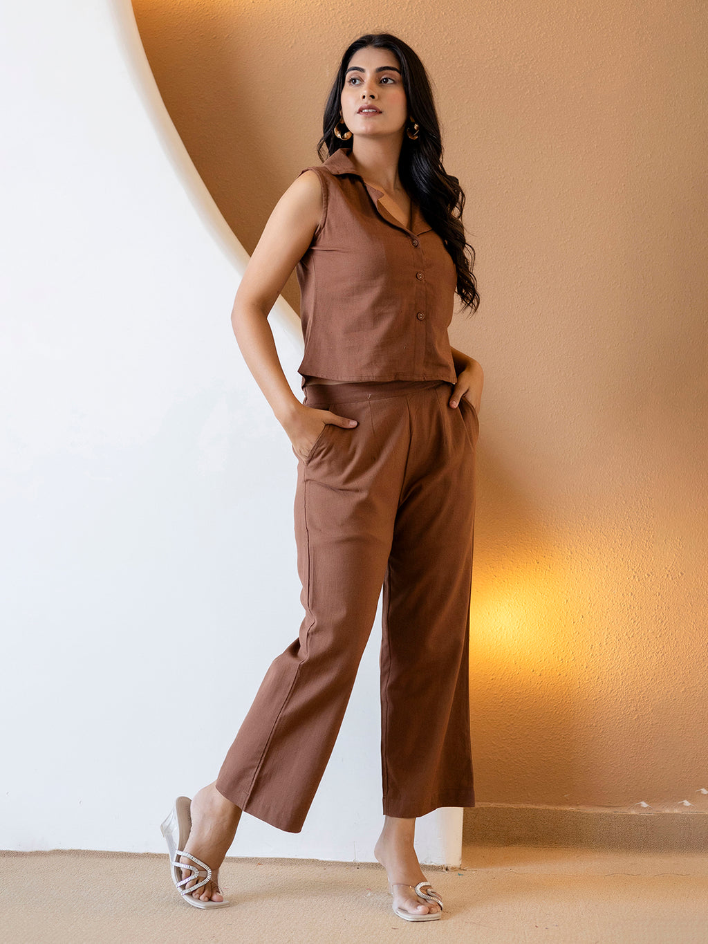 Women Brown Plain Cotton Flex Co-Ords Set