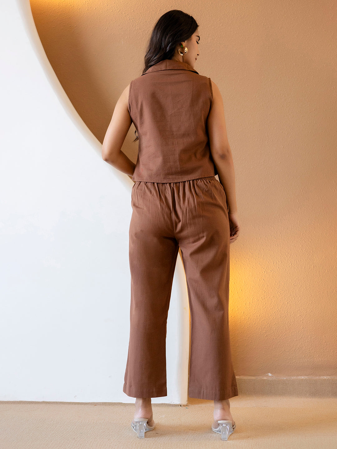 Women Brown Plain Cotton Flex Co-Ords Set