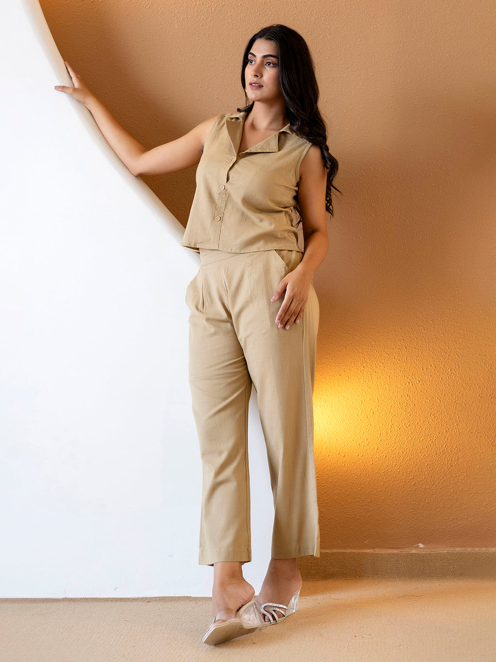 Women Beige Plain Cotton Flex Co-Ords Set