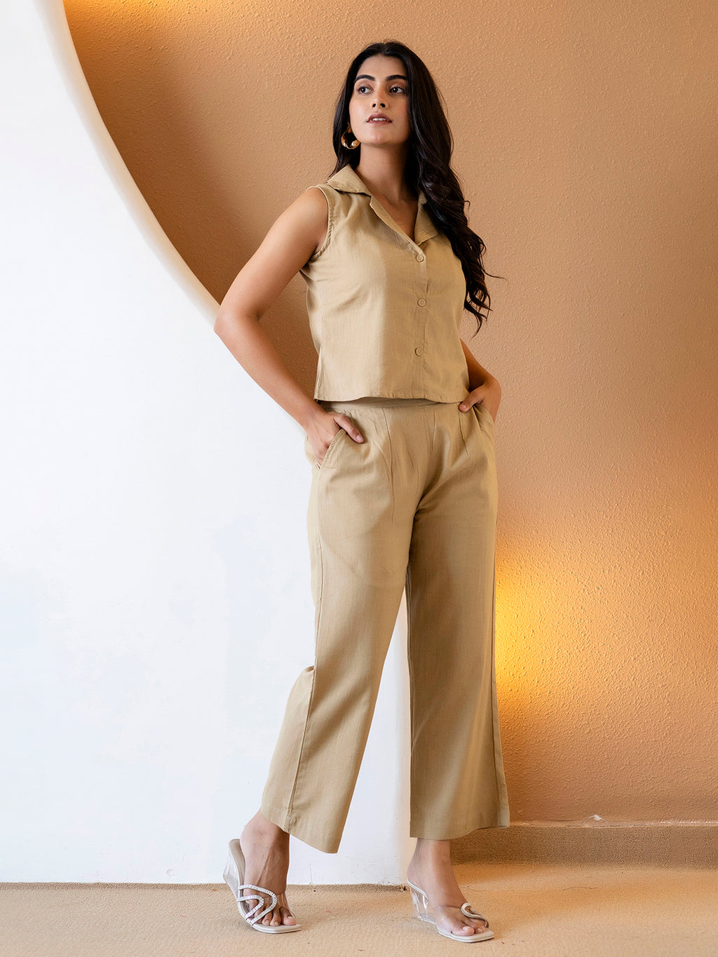 Women Beige Plain Cotton Flex Co-Ords Set