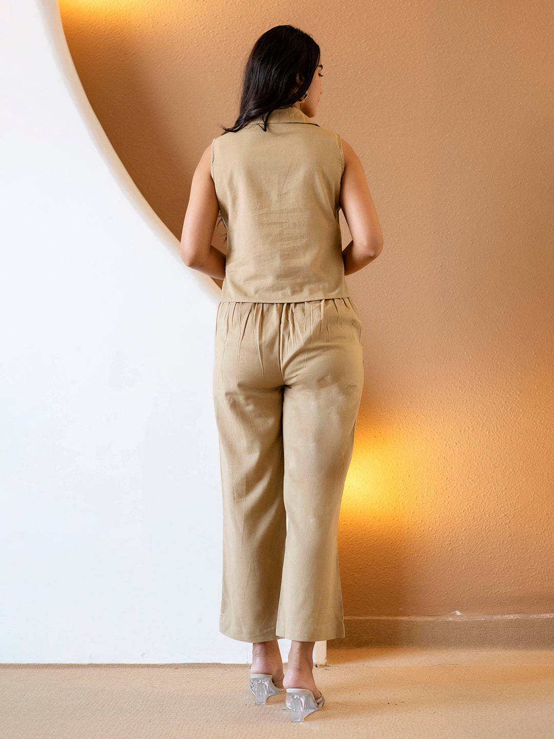 Women Beige Plain Cotton Flex Co-Ords Set