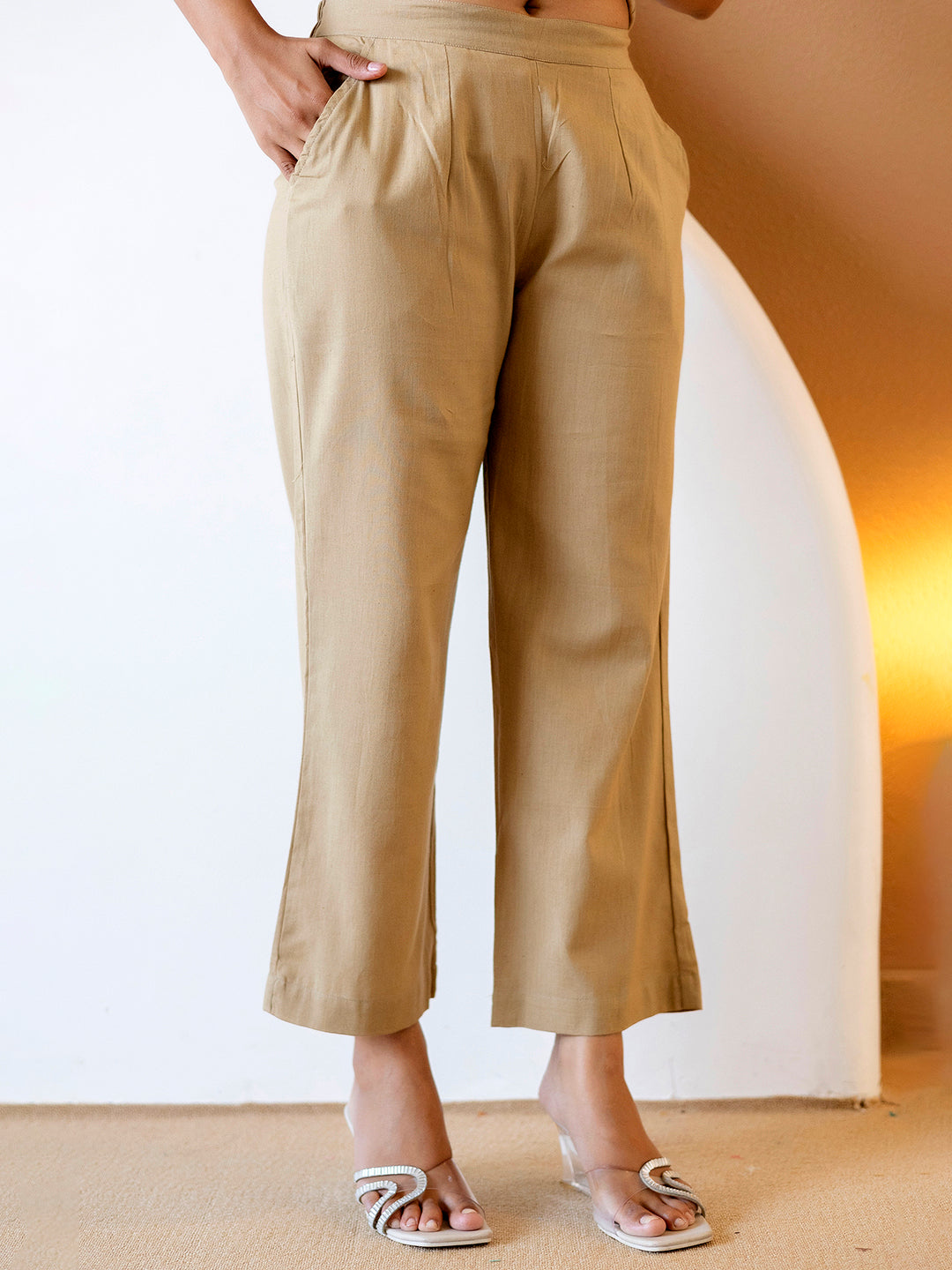 Women Beige Plain Cotton Flex Co-Ords Set