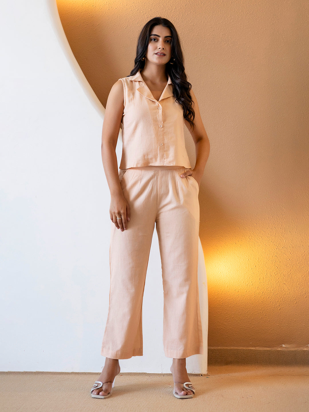 Women Khaki Plain Cotton Flex Co-Ords Set