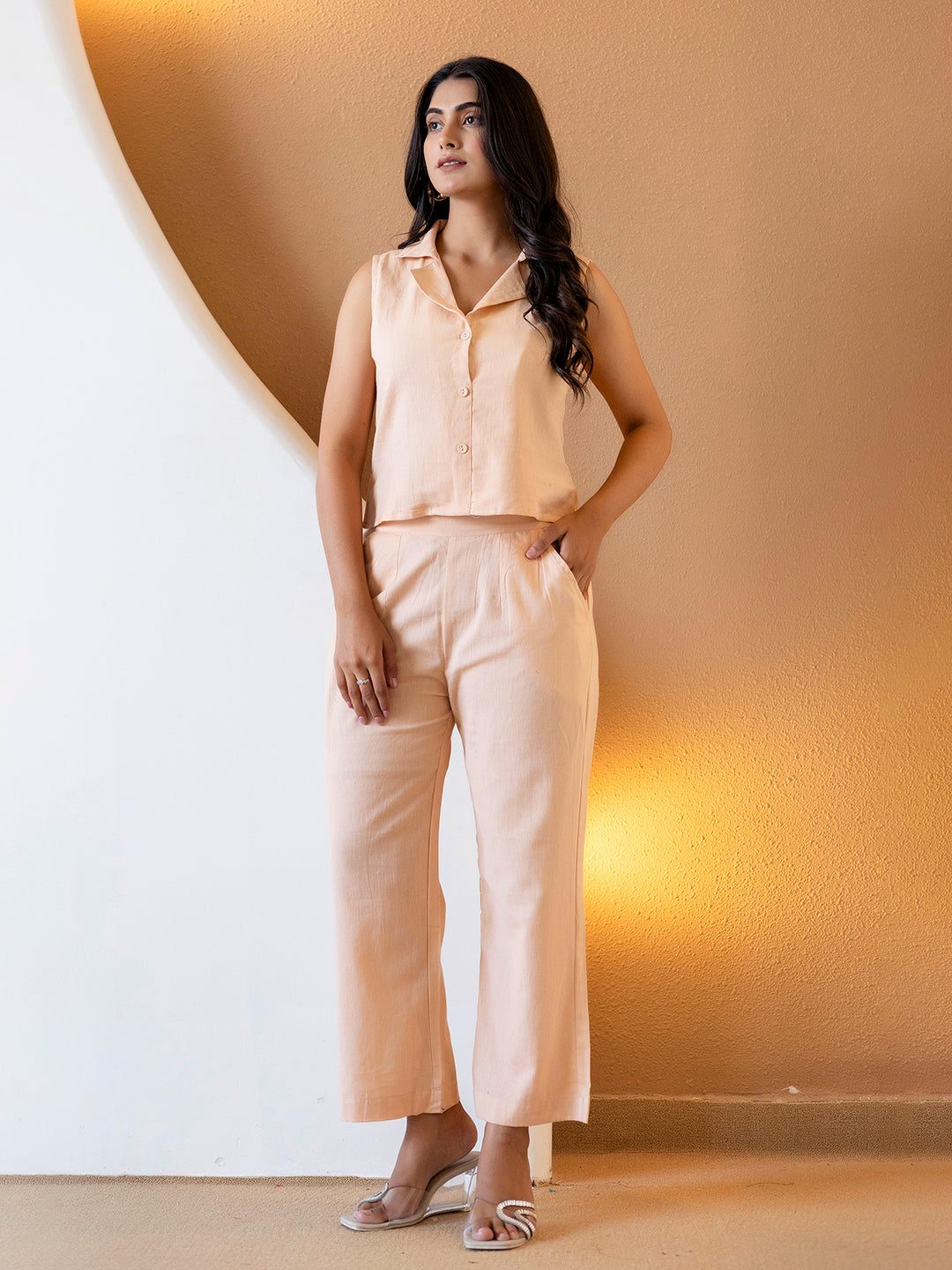 Women Khaki Plain Cotton Flex Co-Ords Set