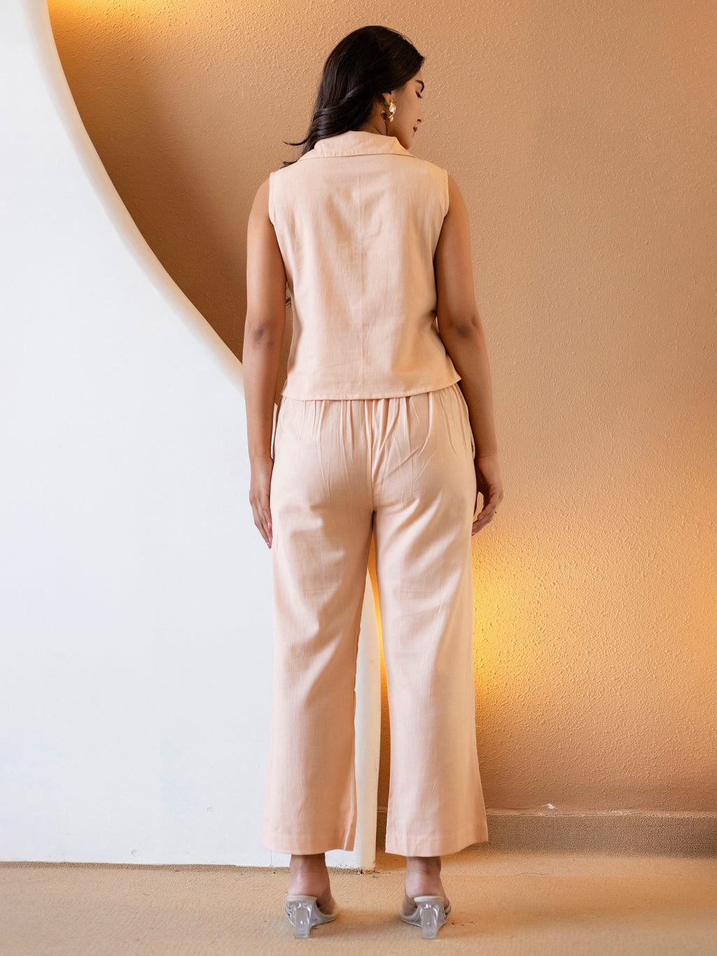 Women Khaki Plain Cotton Flex Co-Ords Set